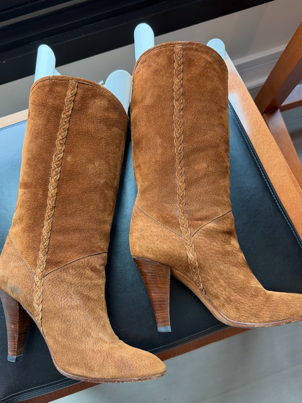Casadei Chestnut Suede Braided Mid-Calf Heeled Boots - Picture 3 of 5